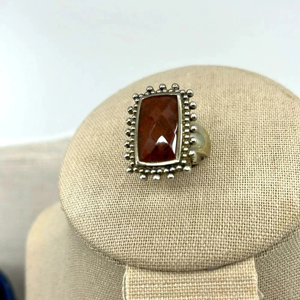 Vintage Sterling Silver Jasper Ring with Ornate Beaded Setting – Size 6.75